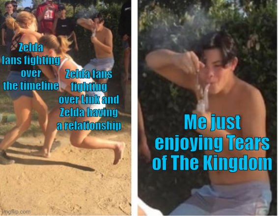 Dabbing Dude | Zelda fans fighting over the timeline; Zelda fans fighting over Link and Zelda having a relationship; Me just enjoying Tears of The Kingdom | image tagged in dabbing dude | made w/ Imgflip meme maker