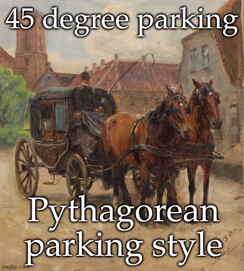 Pythagorean parking | 45 degree parking; Pythagorean parking style | image tagged in chariot,parking,horses | made w/ Imgflip meme maker