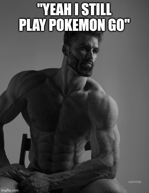 gn mfs | "YEAH I STILL PLAY POKEMON GO" | image tagged in giga chad | made w/ Imgflip meme maker