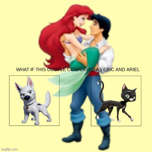 if bolt and mittens cosplayed as eric and ariel | image tagged in disney,the little mermaid,bolt,blank template | made w/ Imgflip meme maker