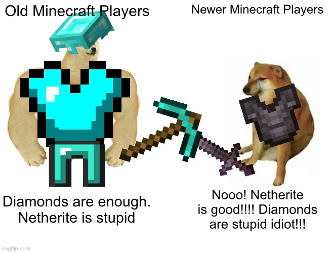 Old players vs new players | Old Minecraft Players; Newer Minecraft Players; Diamonds are enough. Netherite is stupid; Nooo! Netherite is good!!!! Diamonds are stupid idiot!!! | image tagged in memes,minecraft,diamond,netherite,doge,minecraft meme | made w/ Imgflip meme maker