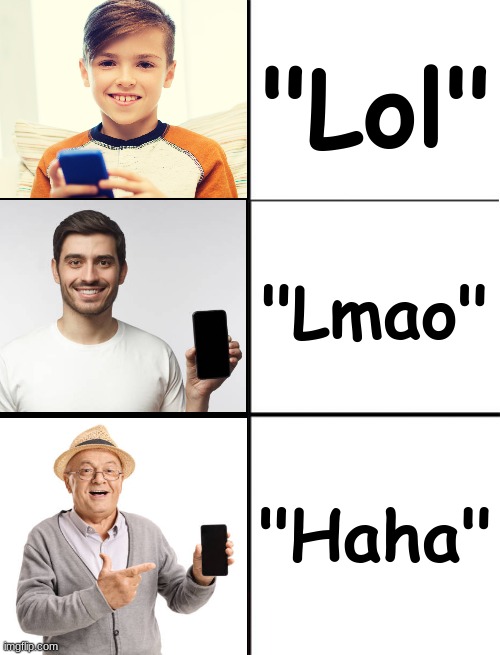 Telling someones age based off the way they type: | "Lol"; "Lmao"; "Haha" | image tagged in blank 3 panel | made w/ Imgflip meme maker