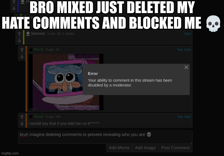 bro mixed just deleted my hate comments, what a loser he is | BRO MIXED JUST DELETED MY HATE COMMENTS AND BLOCKED ME 💀 | made w/ Imgflip meme maker