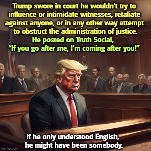 Duh. | Trump swore in court he wouldn't try to 
influence or intimidate witnesses, retaliate 
against anyone, or in any other way attempt 
to obstruct the administration of justice. He posted on Truth Social, 
“If you go after me, I’m coming after you!”; If he only understood English, 
he might have been somebody. | image tagged in donald trump,threats,insults,illegal,idiotic | made w/ Imgflip meme maker