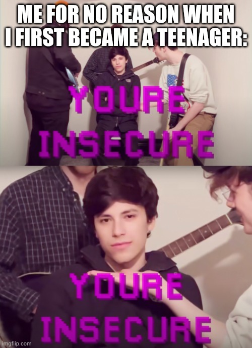 You're insecure | ME FOR NO REASON WHEN I FIRST BECAME A TEENAGER: | image tagged in you're insecure | made w/ Imgflip meme maker