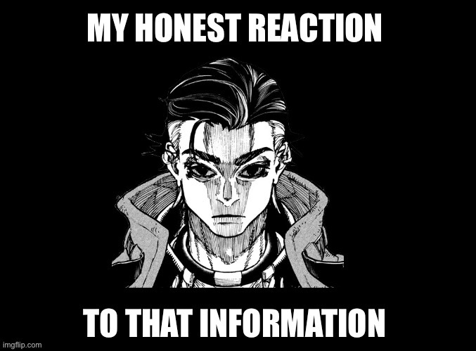 Zodyl’s honest reaction to that information | image tagged in anime,my honest reaction,manga,anime meme,blank black | made w/ Imgflip meme maker