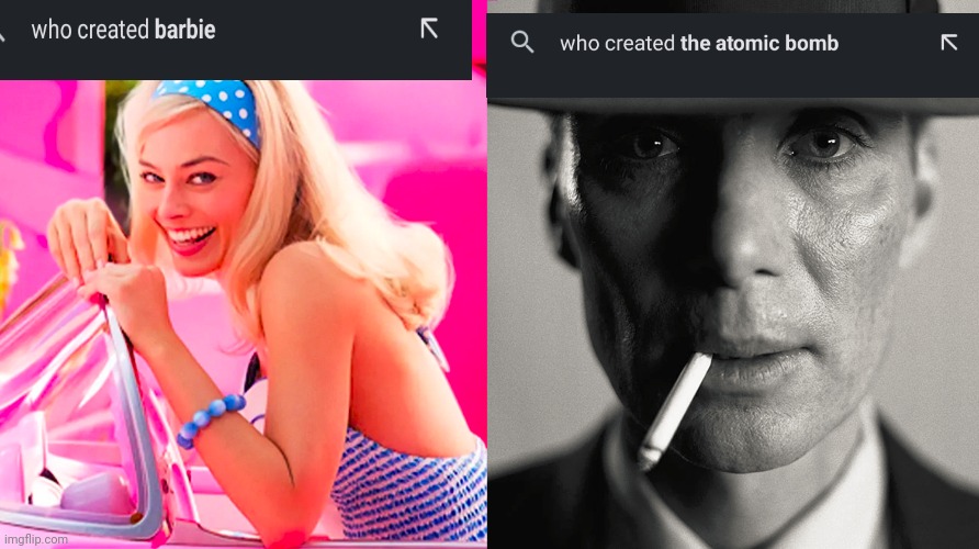 This is the real WWIII (Barbie's autocomplete came first, she is winning) | image tagged in barbie vs oppenheimer,atomic bomb,another dank freecrayfish meme | made w/ Imgflip meme maker