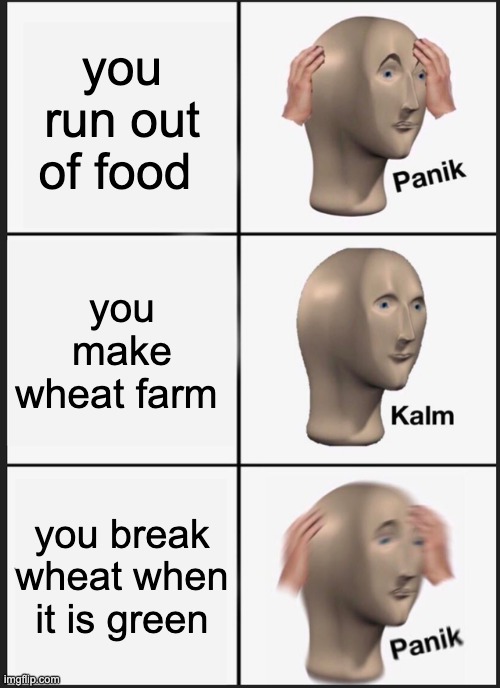 Panik Kalm Panik Meme | you run out of food; you make wheat farm; you break wheat when it is green | image tagged in memes,panik kalm panik | made w/ Imgflip meme maker