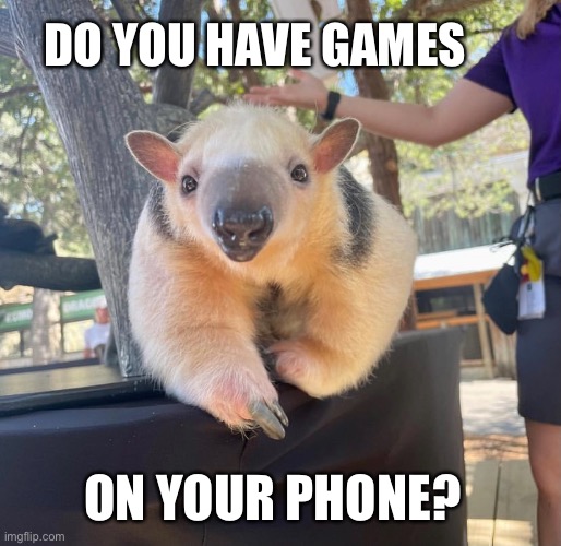 Anteater ask if you have games on your phone | DO YOU HAVE GAMES; ON YOUR PHONE? | image tagged in do you have games on your phone,animals,funny animal meme,animal meme,animal memes,anteater | made w/ Imgflip meme maker