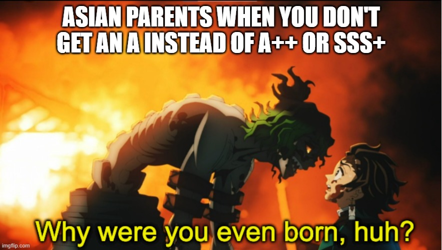 Why were you even born subtitled | ASIAN PARENTS WHEN YOU DON'T GET AN A INSTEAD OF A++ OR SSS+ | image tagged in why were you even born subtitled | made w/ Imgflip meme maker