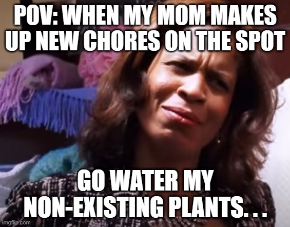 HUh...? | POV: WHEN MY MOM MAKES UP NEW CHORES ON THE SPOT; GO WATER MY NON-EXISTING PLANTS. . . | image tagged in moms | made w/ Imgflip meme maker