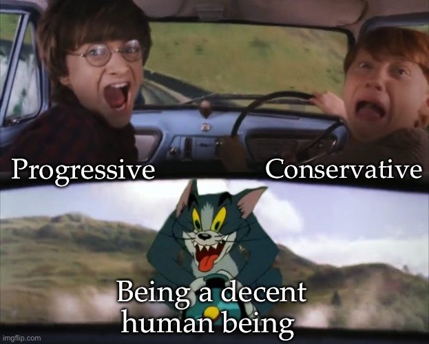 Tom chasing Harry and Ron Weasly | Conservative; Progressive; Being a decent human being | image tagged in tom chasing harry and ron weasly | made w/ Imgflip meme maker