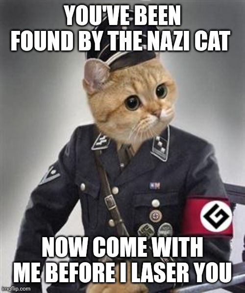 Grammar Nazi Cat | YOU'VE BEEN FOUND BY THE NAZI CAT NOW COME WITH ME BEFORE I LASER YOU | image tagged in grammar nazi cat | made w/ Imgflip meme maker