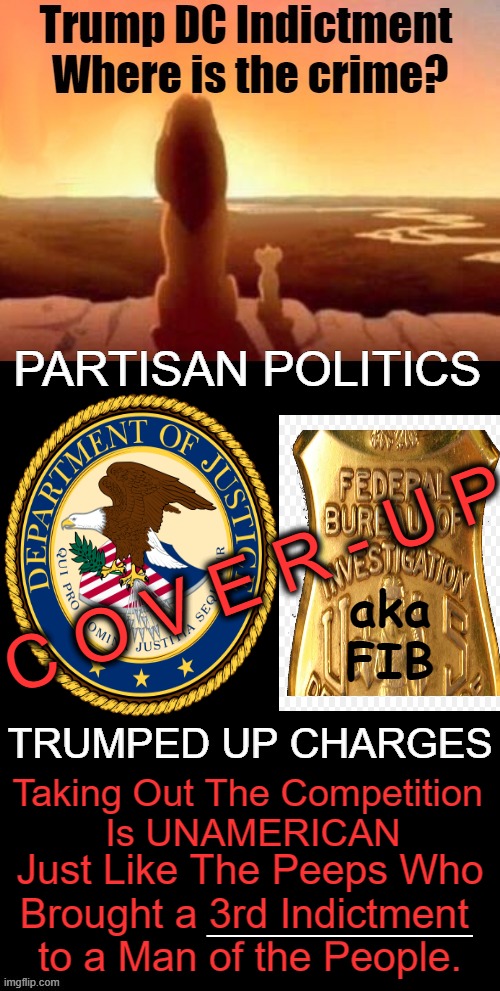 Injustice | PARTISAN POLITICS; aka FIB; C O V E R - U P; TRUMPED UP CHARGES; Taking Out The Competition 
Is UNAMERICAN; Just Like The Peeps Who
Brought a 3rd Indictment 
to a Man of the People. __________ | image tagged in politics,clown show,partisan politics,donald trump,unequal treatment,doj fbi | made w/ Imgflip meme maker
