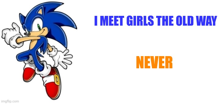 Fictional women are fictional and thus don't count | I MEET GIRLS THE OLD WAY; NEVER | image tagged in sonic says,relatable | made w/ Imgflip meme maker