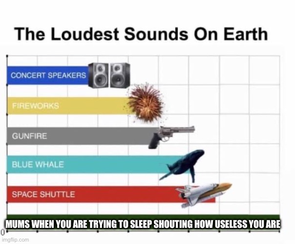 Mum’s pls stop nagging for once | MUMS WHEN YOU ARE TRYING TO SLEEP SHOUTING HOW USELESS YOU ARE | image tagged in the loudest sounds on earth | made w/ Imgflip meme maker