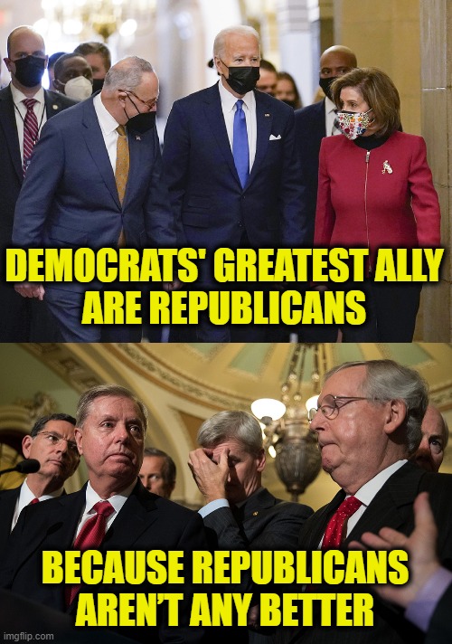 Voter's Dilemma | DEMOCRATS' GREATEST ALLY
ARE REPUBLICANS; BECAUSE REPUBLICANS
AREN’T ANY BETTER | made w/ Imgflip meme maker