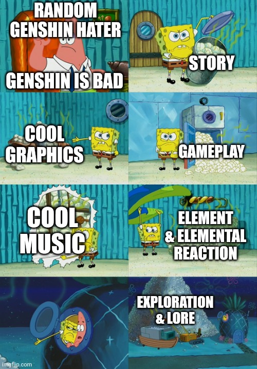 Share this to everyone I want to end this hating drama | RANDOM GENSHIN HATER; STORY; GENSHIN IS BAD; COOL GRAPHICS; GAMEPLAY; COOL MUSIC; ELEMENT & ELEMENTAL REACTION; EXPLORATION & LORE | image tagged in spongebob diapers meme,genshin impact,gaming | made w/ Imgflip meme maker