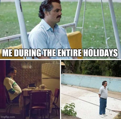 Sad Pablo Escobar | ME DURING THE ENTIRE HOLIDAYS | image tagged in memes,sad pablo escobar | made w/ Imgflip meme maker