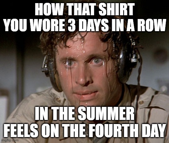or am i the only one | HOW THAT SHIRT YOU WORE 3 DAYS IN A ROW; IN THE SUMMER FEELS ON THE FOURTH DAY | image tagged in sweating on commute after jiu-jitsu | made w/ Imgflip meme maker