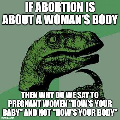 Philosoraptor Meme | IF ABORTION IS ABOUT A WOMAN'S BODY; THEN WHY DO WE SAY TO PREGNANT WOMEN "HOW'S YOUR BABY" AND NOT "HOW'S YOUR BODY" | image tagged in memes,philosoraptor | made w/ Imgflip meme maker