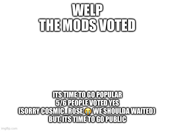 Its time | WELP
THE MODS VOTED; ITS TIME TO GO POPULAR
5/6 PEOPLE VOTED YES
(SORRY COSMIC_ROSE 😭 WE SHOULDA WAITED) 
BUT, ITS TIME TO GO PUBLIC | image tagged in its time | made w/ Imgflip meme maker