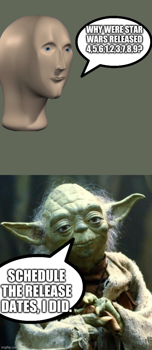 Star Wars Yoda | WHY WERE STAR WARS RELEASED 4,5,6,1,2,3,7,8,9? SCHEDULE THE RELEASE DATES, I DID. | image tagged in memes,star wars yoda | made w/ Imgflip meme maker