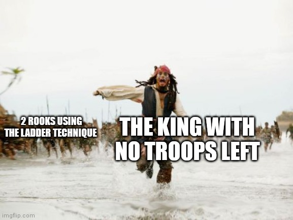 Tbh | THE KING WITH NO TROOPS LEFT; 2 ROOKS USING THE LADDER TECHNIQUE | image tagged in memes,jack sparrow being chased,chess | made w/ Imgflip meme maker
