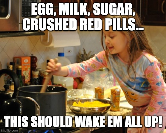 Stirring the Pot | EGG, MILK, SUGAR, CRUSHED RED PILLS... THIS SHOULD WAKE EM ALL UP! | image tagged in stirring the pot | made w/ Imgflip meme maker