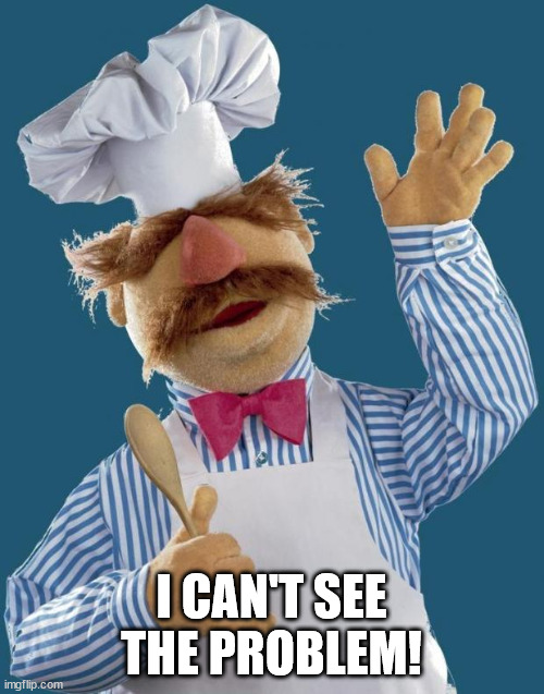 Swedish Chef | I CAN'T SEE THE PROBLEM! | image tagged in swedish chef | made w/ Imgflip meme maker