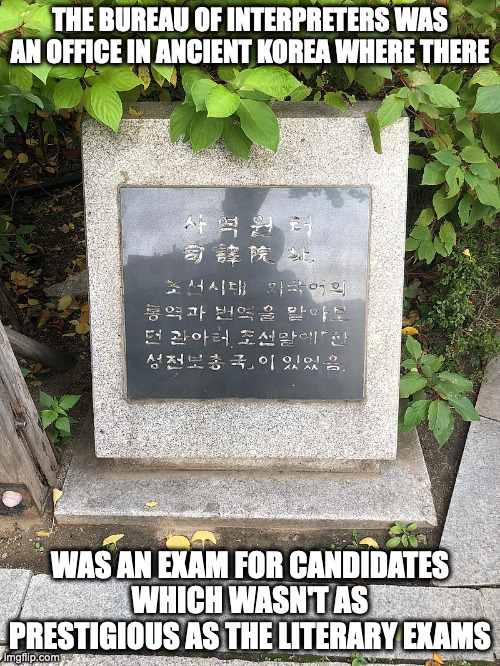 Bureau of Interpreters | THE BUREAU OF INTERPRETERS WAS AN OFFICE IN ANCIENT KOREA WHERE THERE; WAS AN EXAM FOR CANDIDATES WHICH WASN'T AS PRESTIGIOUS AS THE LITERARY EXAMS | image tagged in government,memes | made w/ Imgflip meme maker