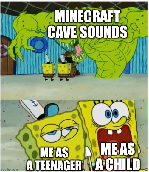 SpongeBob SquarePants scared but also not scared | MINECRAFT CAVE SOUNDS; ME AS A CHILD; ME AS A TEENAGER | image tagged in spongebob squarepants scared but also not scared | made w/ Imgflip meme maker