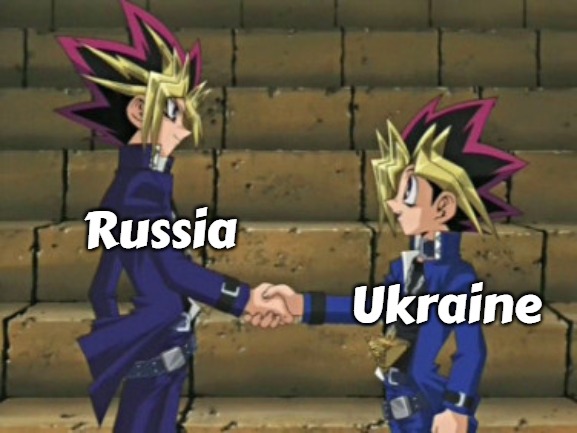 yugi shaking hands | Russia; Ukraine | image tagged in yugi shaking hands,yugoslavia,slavic,russo-ukrainian war | made w/ Imgflip meme maker