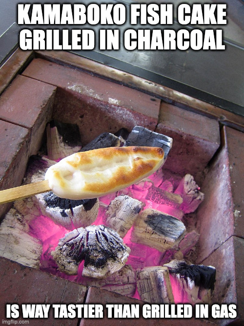 Kamaboko Grilled in Charcoal | KAMABOKO FISH CAKE GRILLED IN CHARCOAL; IS WAY TASTIER THAN GRILLED IN GAS | image tagged in food,memes | made w/ Imgflip meme maker