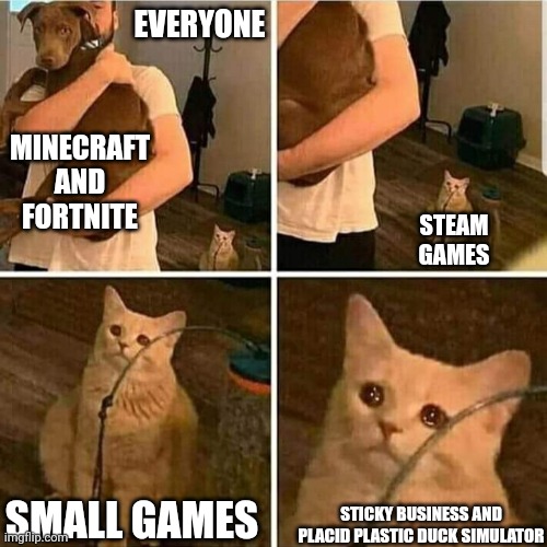 The best games | EVERYONE; MINECRAFT AND FORTNITE; STEAM GAMES; SMALL GAMES; STICKY BUSINESS AND PLACID PLASTIC DUCK SIMULATOR | image tagged in sad cat holding dog | made w/ Imgflip meme maker