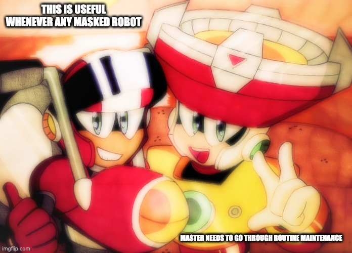 Nitro Man and Solar Man Without Masks | THIS IS USEFUL WHENEVER ANY MASKED ROBOT; MASTER NEEDS TO GO THROUGH ROUTINE MAINTENANCE | image tagged in nitroman,solarman,megaman,memes | made w/ Imgflip meme maker
