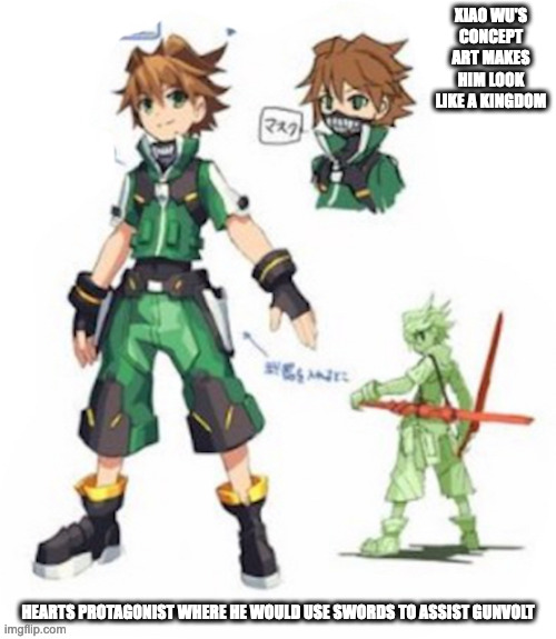 Xiao Wu Concept Art | XIAO WU'S CONCEPT ART MAKES HIM LOOK LIKE A KINGDOM; HEARTS PROTAGONIST WHERE HE WOULD USE SWORDS TO ASSIST GUNVOLT | image tagged in azure striker gunvolt,xiao wu,memes | made w/ Imgflip meme maker