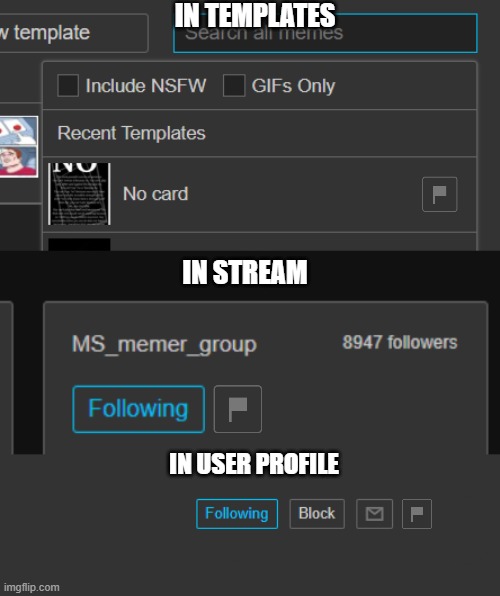 I tried to add flag buttons to all of the section menus that still have not been added to imgflip | IN TEMPLATES; IN STREAM; IN USER PROFILE | made w/ Imgflip meme maker