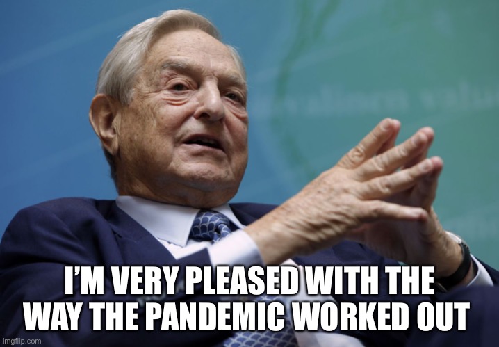 George Soros | I’M VERY PLEASED WITH THE WAY THE PANDEMIC WORKED OUT | image tagged in george soros | made w/ Imgflip meme maker