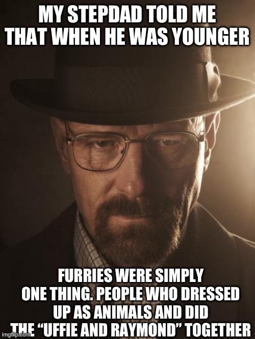 Walter White | MY STEPDAD TOLD ME THAT WHEN HE WAS YOUNGER; FURRIES WERE SIMPLY ONE THING. PEOPLE WHO DRESSED UP AS ANIMALS AND DID THE “UFFIE AND RAYMOND” TOGETHER | image tagged in walter white | made w/ Imgflip meme maker