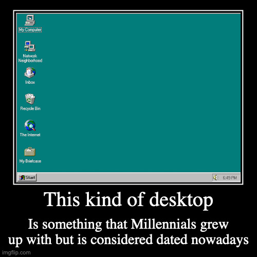 Windows 95 Desktop | This kind of desktop | Is something that Millennials grew up with but is considered dated nowadays | image tagged in demotivationals,windows,windows 95,computer | made w/ Imgflip demotivational maker