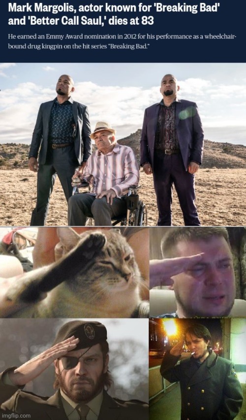 R.I.P. actor Mark Margolis from Breaking Bad and Better Call Saul | image tagged in ozon's salute,breaking bad,better call saul,memes,mark margolis,dead | made w/ Imgflip meme maker