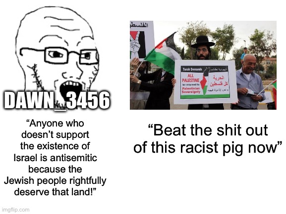 Oh boy time to bring up a user that has already deleted a long time ago again | DAWN_3456; “Anyone who doesn’t support the existence of Israel is antisemitic because the Jewish people rightfully deserve that land!”; “Beat the shit out of this racist pig now” | image tagged in blank white template | made w/ Imgflip meme maker