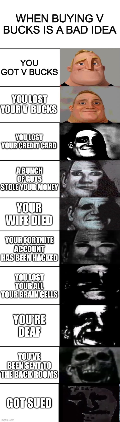 Buying v bucks | WHEN BUYING V BUCKS IS A BAD IDEA; YOU GOT V BUCKS; YOU LOST YOUR V  BUCKS; YOU LOST YOUR CREDIT CARD; A BUNCH OF GUYS STOLE YOUR MONEY; YOUR WIFE DIED; YOUR FORTNITE ACCOUNT HAS BEEN HACKED; YOU LOST YOUR ALL YOUR BRAIN CELLS; YOU’RE DEAF; YOU’VE BEEN SENT TO THE BACK ROOMS; GOT SUED | image tagged in mr incredible becoming uncanny | made w/ Imgflip meme maker
