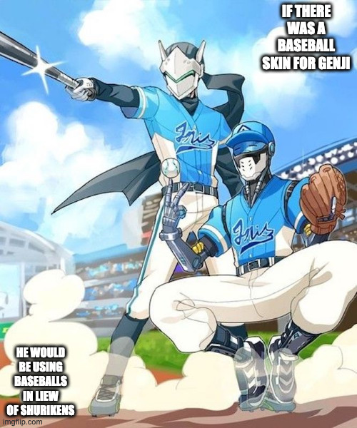 Zenyatta and Genji in a Baseball Game | IF THERE WAS A BASEBALL SKIN FOR GENJI; HE WOULD BE USING BASEBALLS IN LIEW OF SHURIKENS | image tagged in zenyatta,genji,overwatch,memes | made w/ Imgflip meme maker