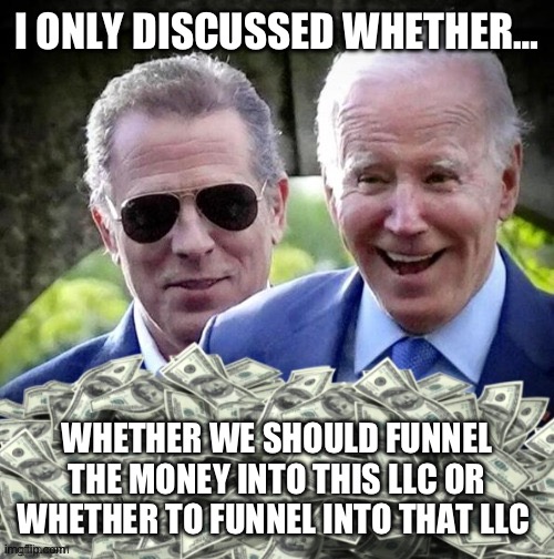 Hunter Biden and Cash | I ONLY DISCUSSED WHETHER… WHETHER WE SHOULD FUNNEL THE MONEY INTO THIS LLC OR
WHETHER TO FUNNEL INTO THAT LLC | image tagged in hunter biden and cash | made w/ Imgflip meme maker