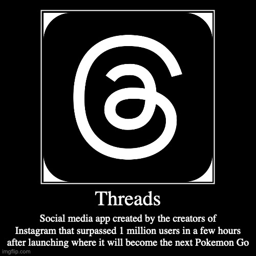 Threads App | Threads | Social media app created by the creators of Instagram that surpassed 1 million users in a few hours after launching where it will  | image tagged in demotivationals,social media,threads | made w/ Imgflip demotivational maker