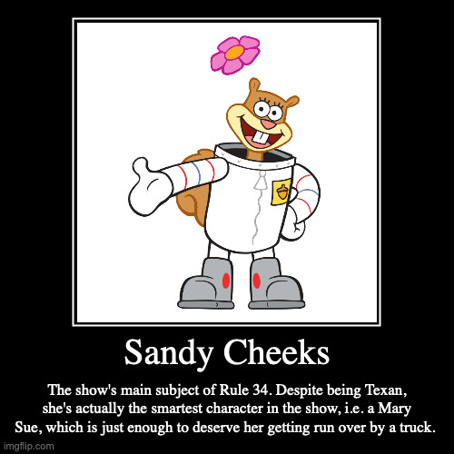 Sandy Cheeks | Sandy Cheeks | The show's main subject of Rule 34. Despite being Texan, she's actually the smartest character in the show, i.e. a Mary Sue,  | image tagged in funny,demotivationals,spongebob squarepants,sandy cheeks | made w/ Imgflip demotivational maker
