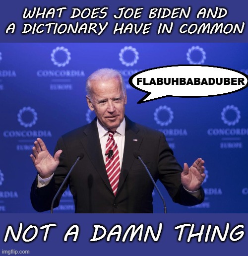 Your 46th President of the United States of America | WHAT DOES JOE BIDEN AND A DICTIONARY HAVE IN COMMON; FLABUHBABADUBER; NOT A DAMN THING | image tagged in joe biden,memes,politics | made w/ Imgflip meme maker
