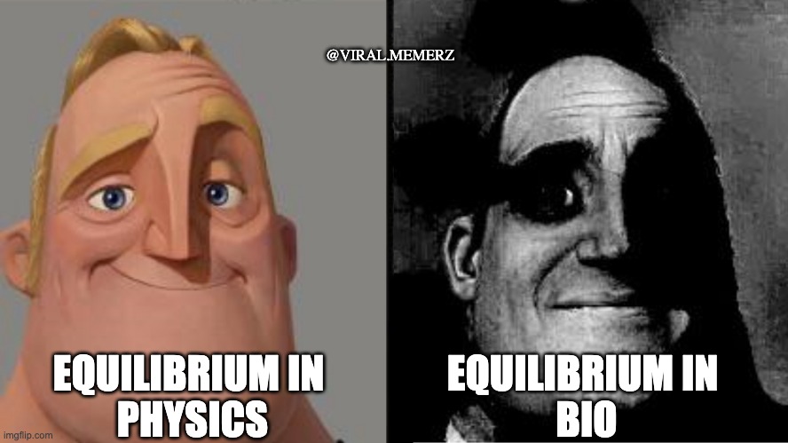 EQUILIBRIUM | @VIRAL.MEMERZ; EQUILIBRIUM IN 
PHYSICS; EQUILIBRIUM IN 
BIO | image tagged in traumatized mr incredible | made w/ Imgflip meme maker